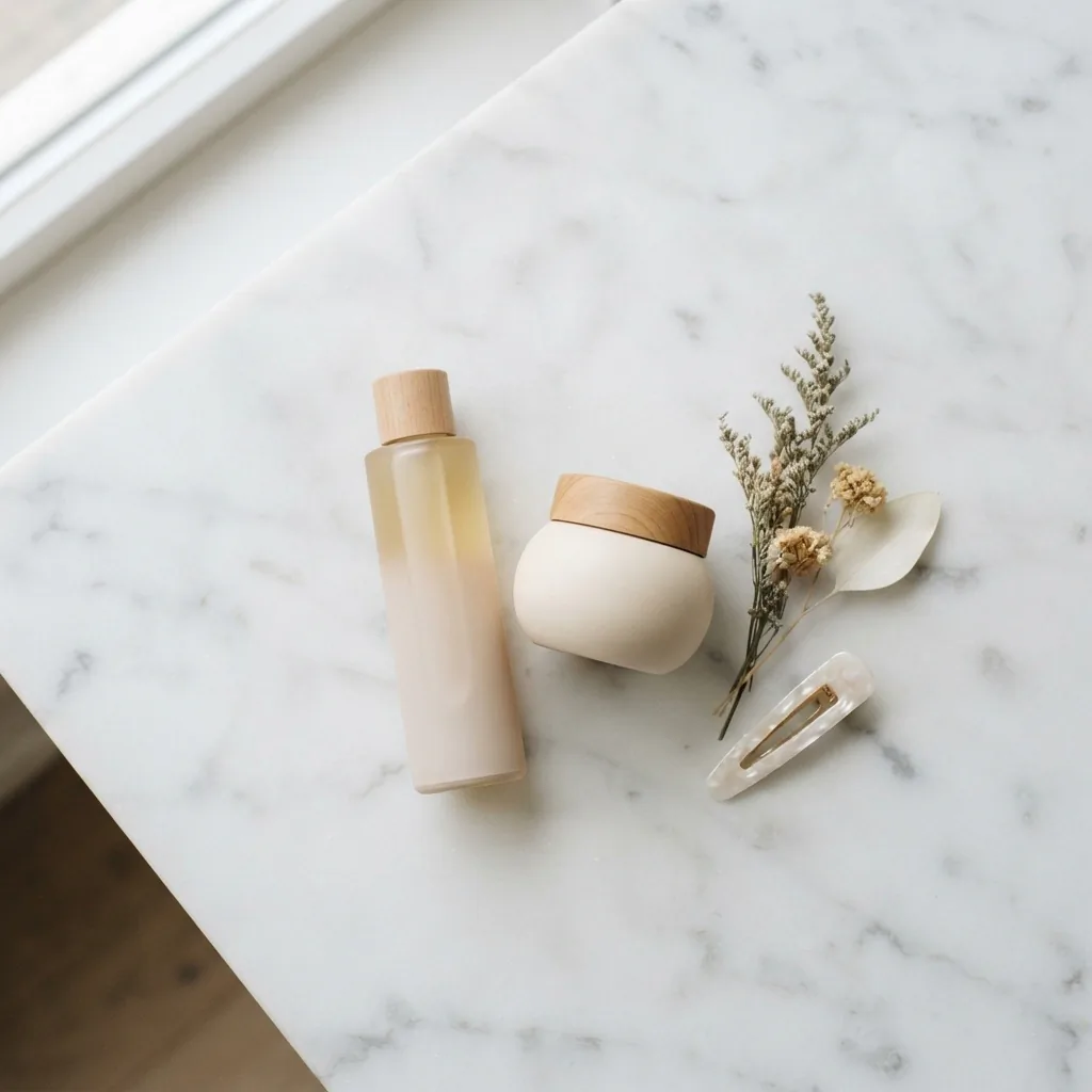 A clean flatlay of bond repair hair treatment products on a white marble surface including a bottle of deep treatment and a small bowl with soft warm lighting and minimal styling props.