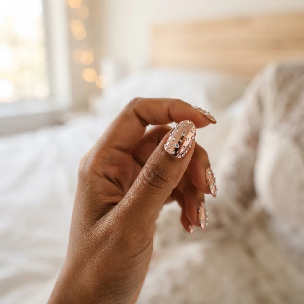 Close-up of bridal nails with rose gold chrome base and scattered micro clear crystal rhinestones on a medium to deep skin tone hand under warm natural window light.