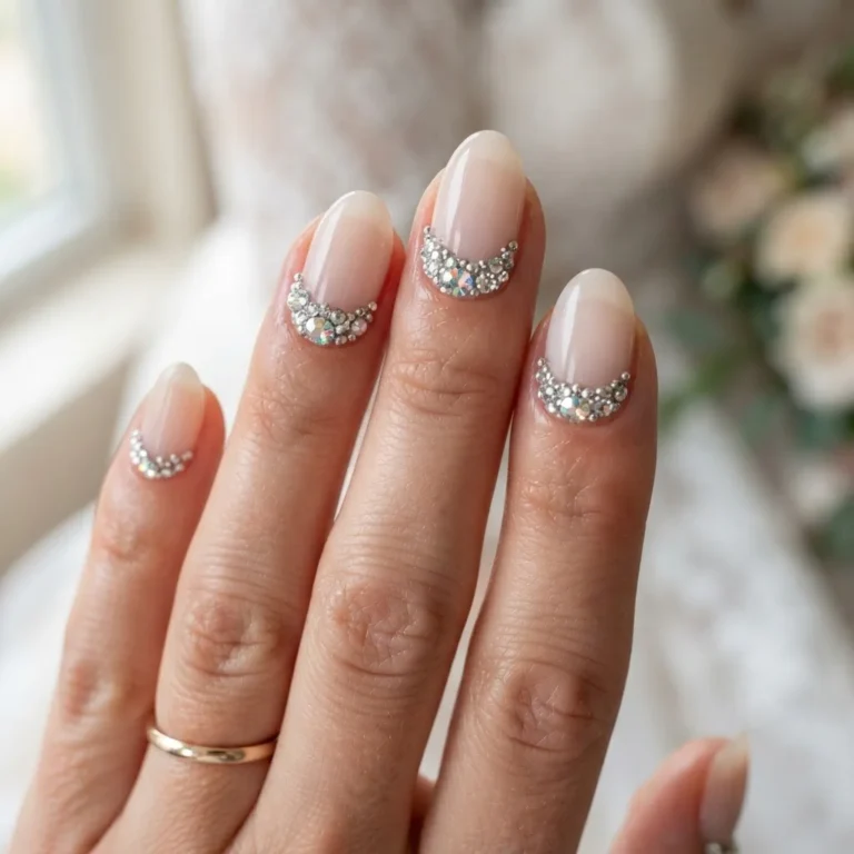 Close-up of bridal cuticle cluster rhinestone nails on a natural hand with mixed-size clear crystal AB stones arranged in a dense arc along the nail base on a milky sheer polish.