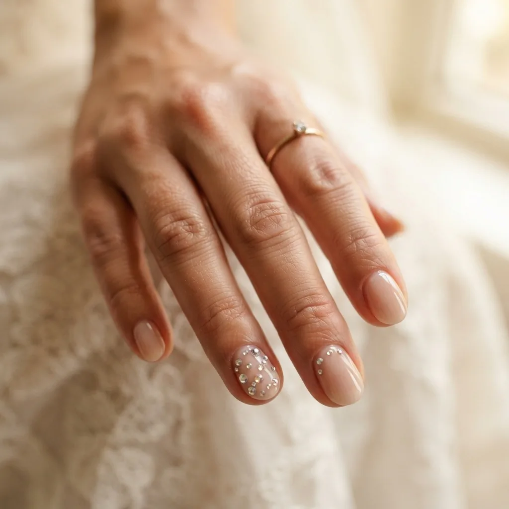 Close-up of micro crystal accent bridal nails on a light medium skin tone hand showing a loose scattering of small clear AB rhinestones on a sheer nude polish base on the ring finger.