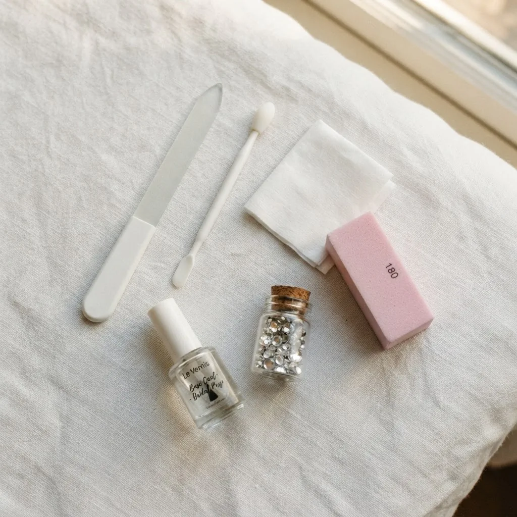 Flat lay of bridal nail prep tools including a glass nail file, cuticle pusher, isopropyl alcohol wipe, buffer block, and small jar of rhinestones arranged on a soft white surface with warm natural light.