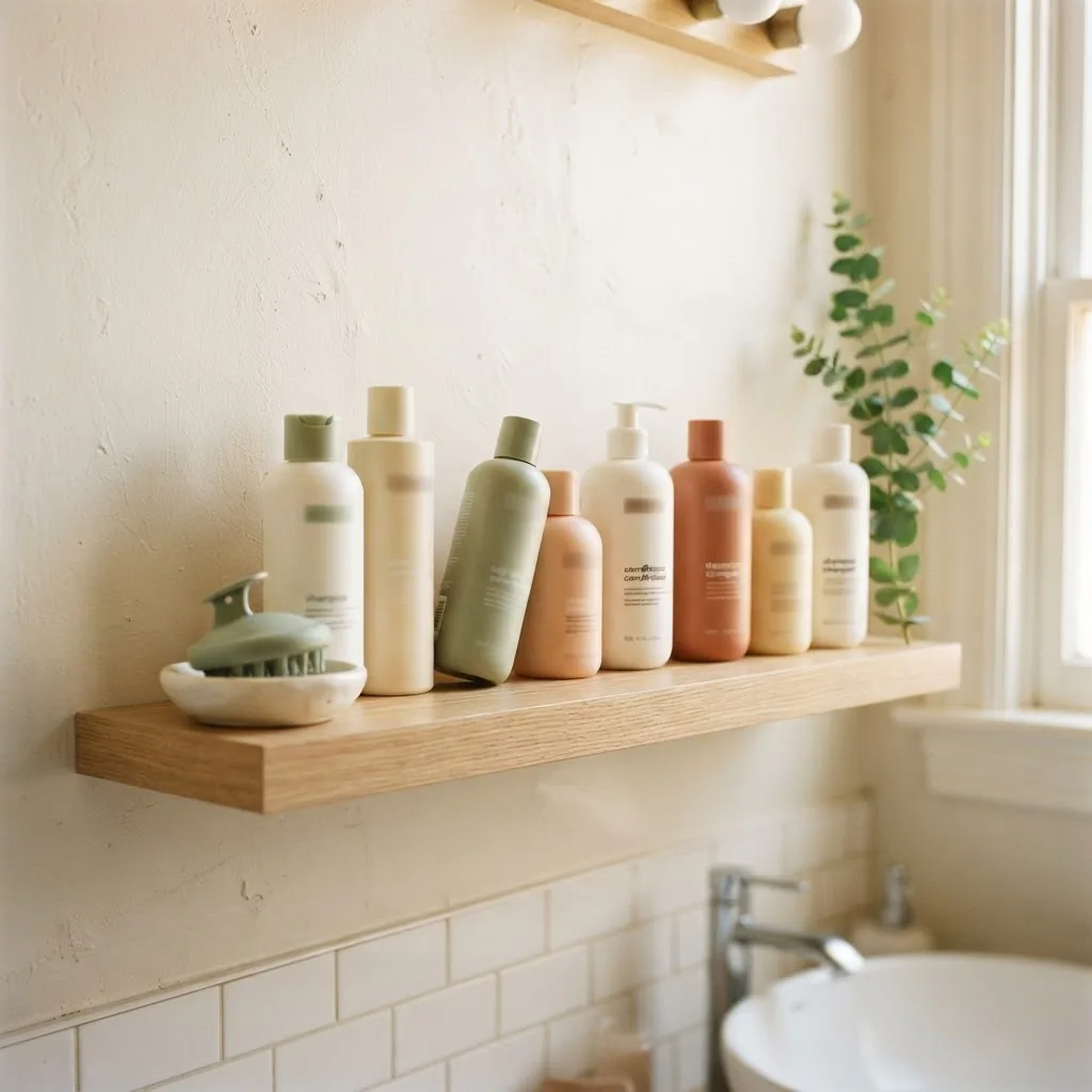 A warm bathroom shelfie flatlay featuring an assortment of affordable drugstore shampoo and conditioner bottles arranged neatly on a white tile shelf with soft vanity lighting.