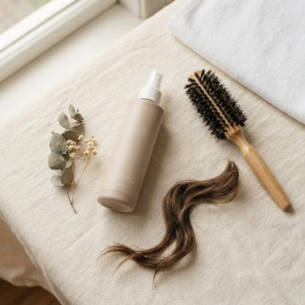 A flatlay of a heat protectant spray bottle and a round brush on a soft white surface styled for a hair care routine to protect layered butterfly haircut ends.