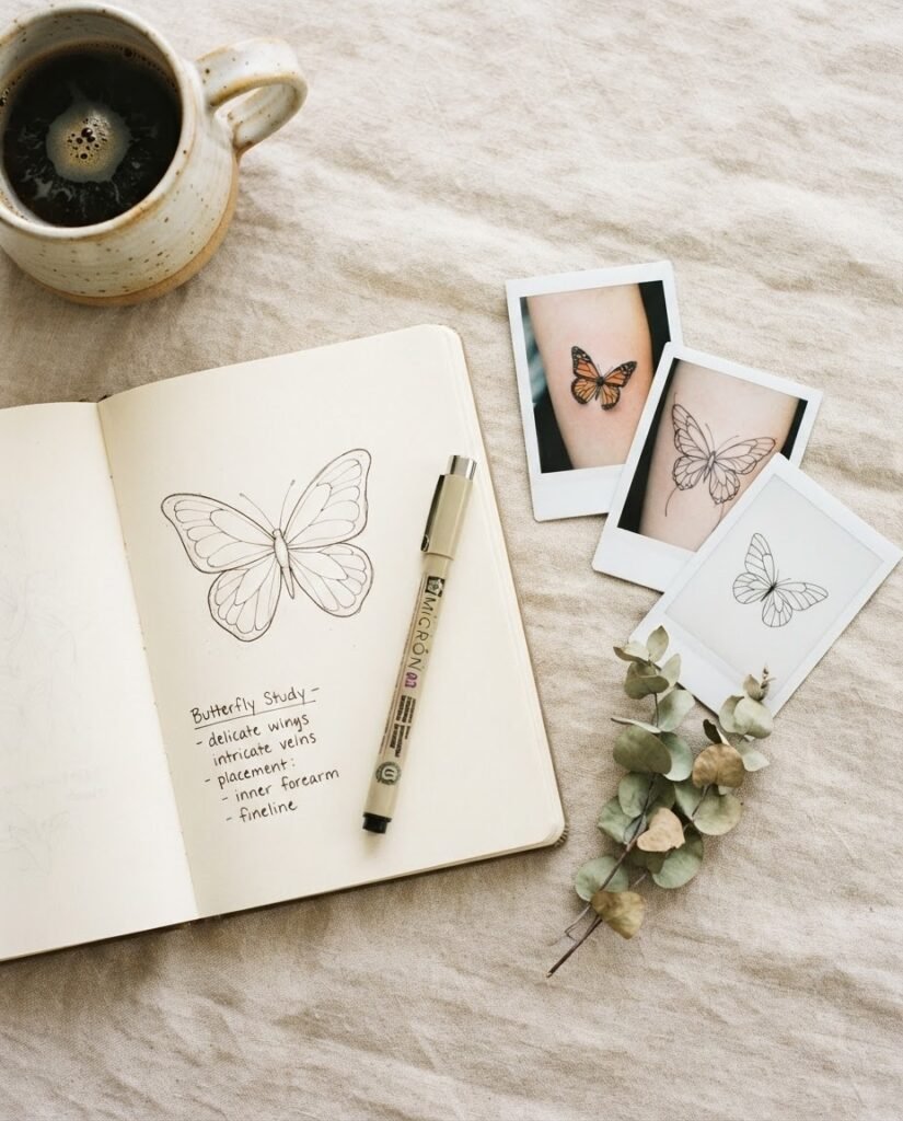 A styled flatlay of a tattoo consultation preparation scene showing a notebook open to sketches, printed butterfly tattoo reference images, and a warm cup of coffee on a light linen surface.