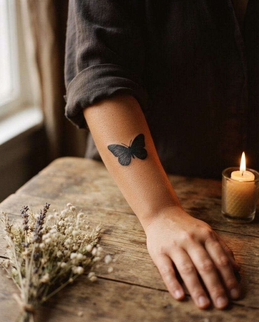 A softly lit close-up of a healed blackwork butterfly tattoo on a woman's forearm, surrounded by warm candlelight and dried botanicals evoking symbolism and personal meaning.