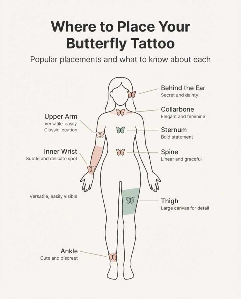 A minimalist flat vector body map infographic showing popular butterfly tattoo placement areas labeled on a simplified female figure outline with pain level indicators.