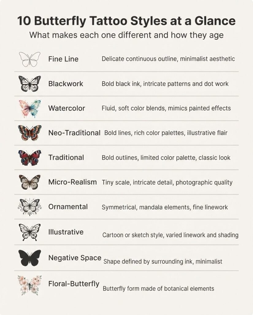 A flat vector infographic comparing 10 butterfly tattoo styles including fine line, watercolor, blackwork, neo-traditional, and micro-realism with style name labels and brief descriptors.