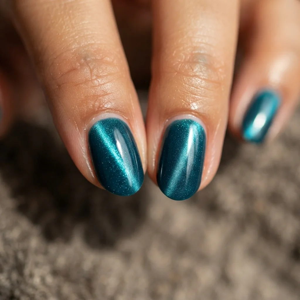 Extreme close-up of cat-eye gel nails in deep ocean teal showing the magnetic stripe effect across two nails on a medium-toned hand, photographed under warm natural light.