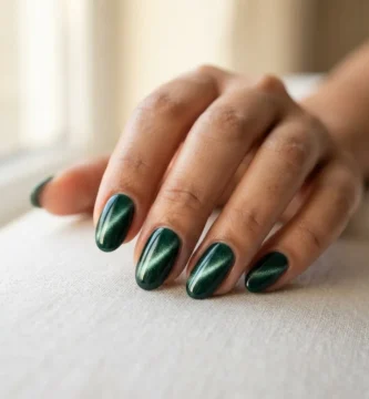Close-up of a finished cat eye nail manicure on a medium skin tone hand showing a deep emerald green magnetic gel stripe under soft natural window light.