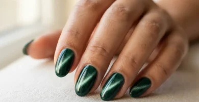 Close-up of a finished cat eye nail manicure on a medium skin tone hand showing a deep emerald green magnetic gel stripe under soft natural window light.