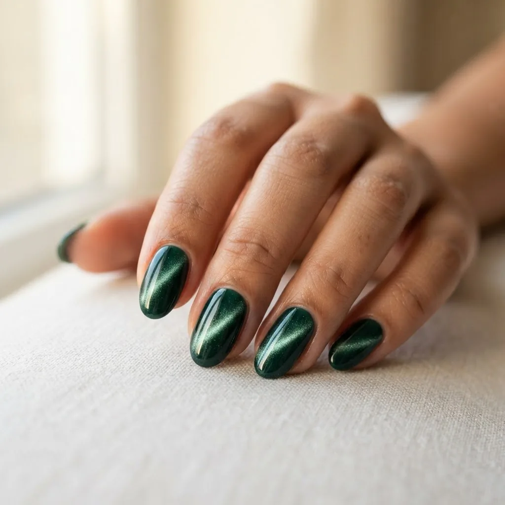 Close-up of a finished cat eye nail manicure on a medium skin tone hand showing a deep emerald green magnetic gel stripe under soft natural window light.