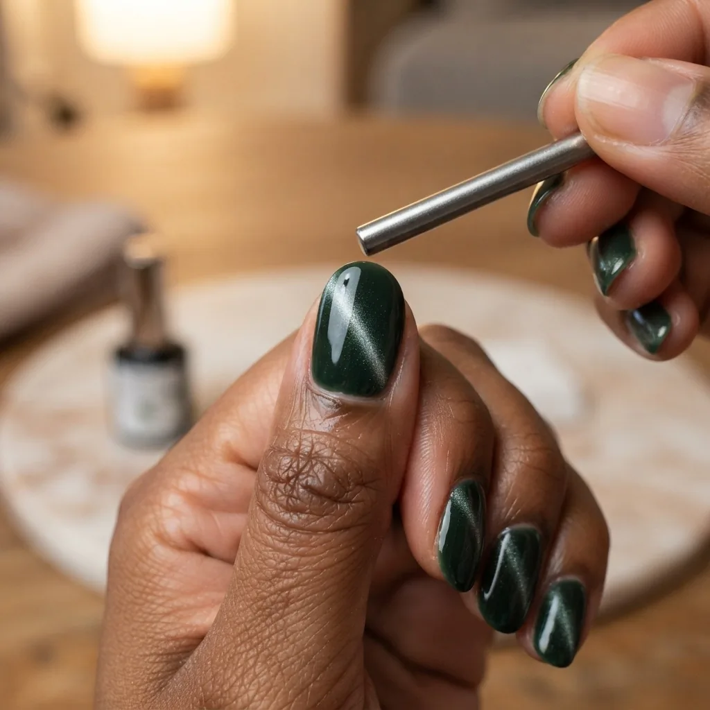 Close-up in-progress shot of a cat-eye gel manicure on a deep olive skin tone hand, magnet wand held above a deep forest green nail showing the shimmer stripe forming before curing.