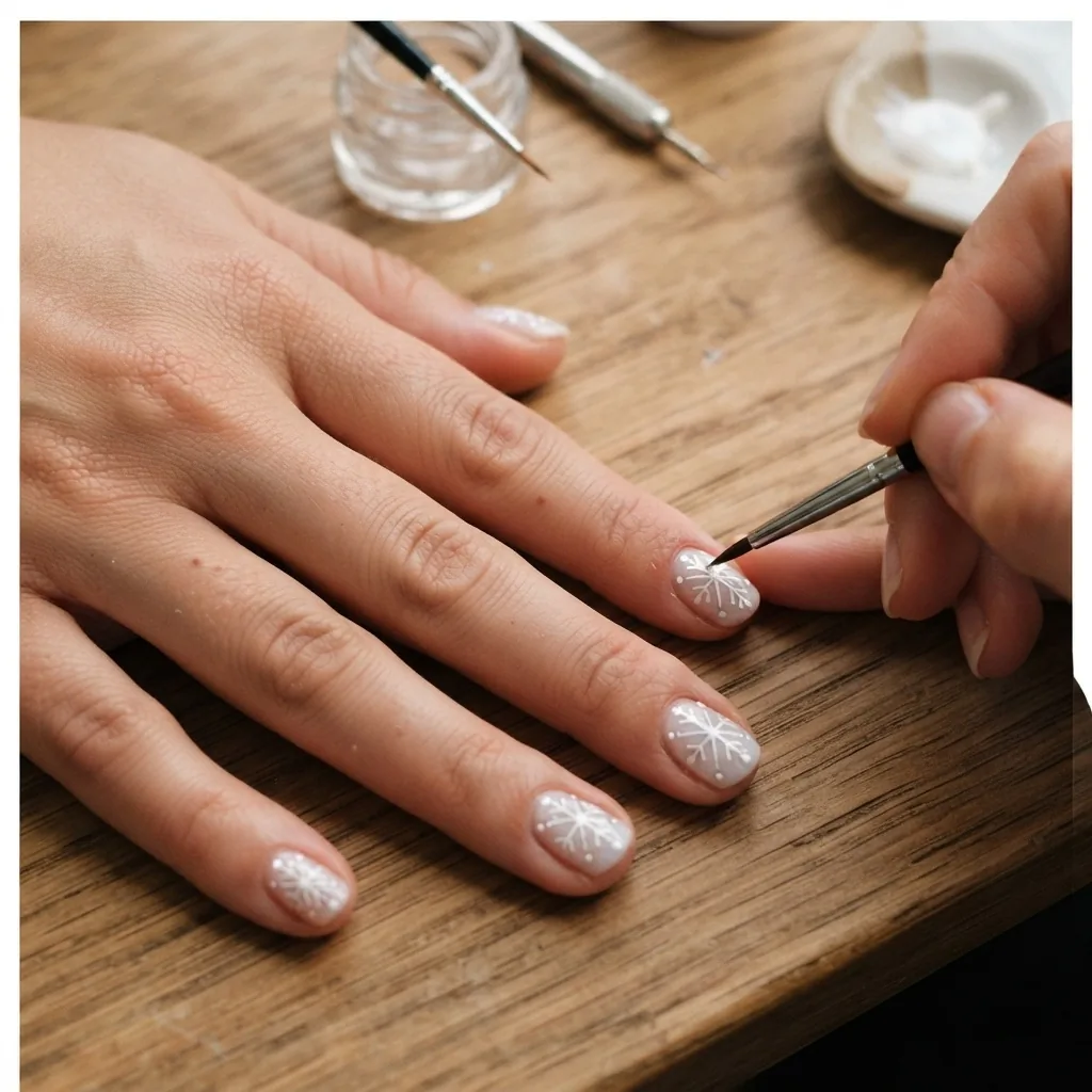 A macro close-up of glazed donut holiday chrome nails in sheer icy pearl with silver chrome shimmer on rounded short nails against a soft blurred Christmas background with warm bokeh light.