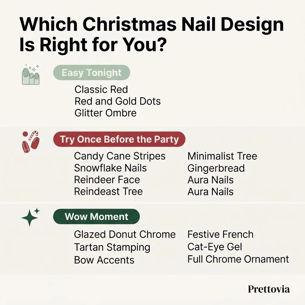 A flat vector infographic chart showing three tiers of Christmas nail art difficulty labeled Easy Tonight, Try Once Before the Party, and Wow Moment with design names listed under each tier on a cream and deep red background.