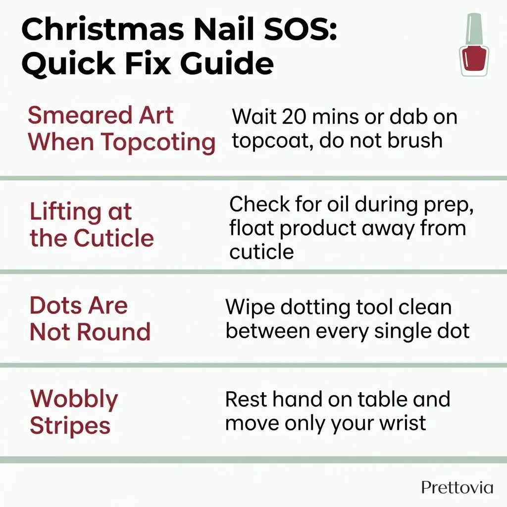 A flat vector infographic showing four common Christmas nail art problems and their fixes labeled Smeared Art, Lifting at Cuticle, Unround Dots, and Wobbly Stripes in a clean minimalist festive layout on a white and green background.