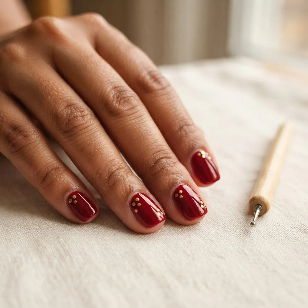 A close-up in-progress shot of white snowflake nail art being painted onto a pale nude base using a fine striping brush, with a dotting tool resting beside the hand on a wooden surface.