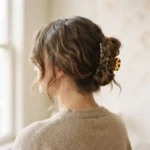 A close-up of a woman with medium brown wavy hair wearing a casually pinned butterfly bun claw clip hairstyle with face-framing wisps, shot in soft natural window light.