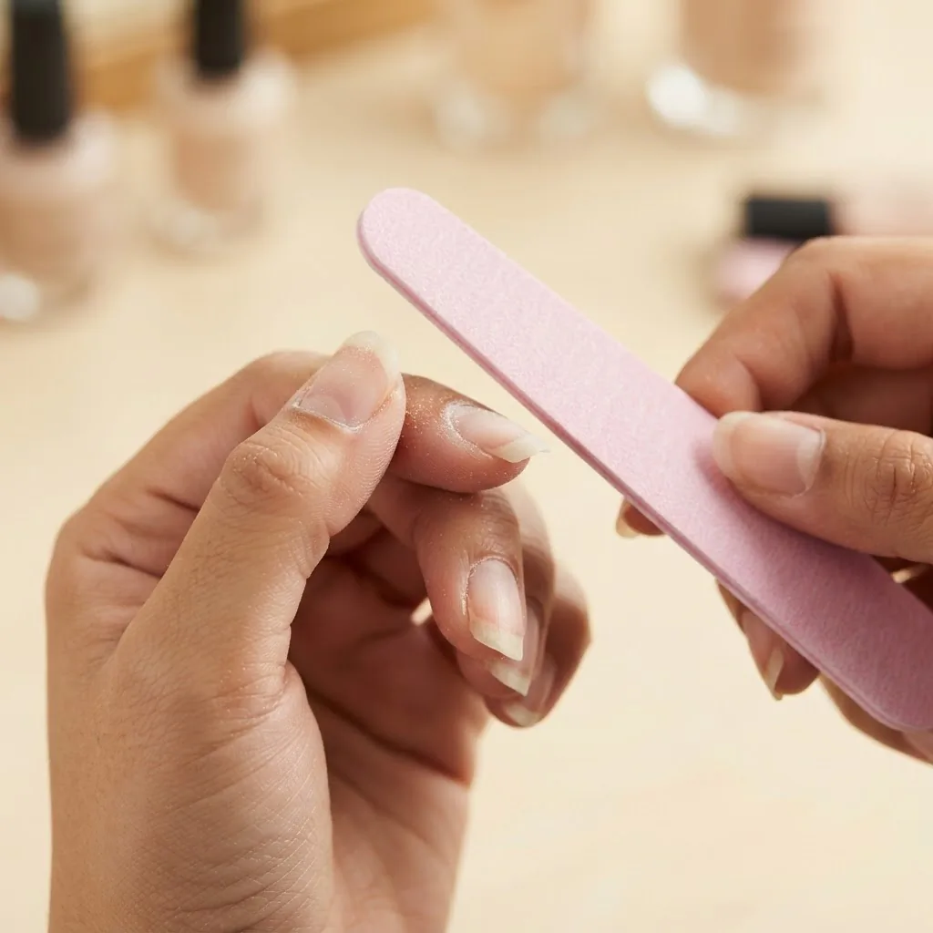 Close-up in-progress shot of a hand filing the side of a natural nail into a coffin shape using a pink nail file on a wooden desk surface.