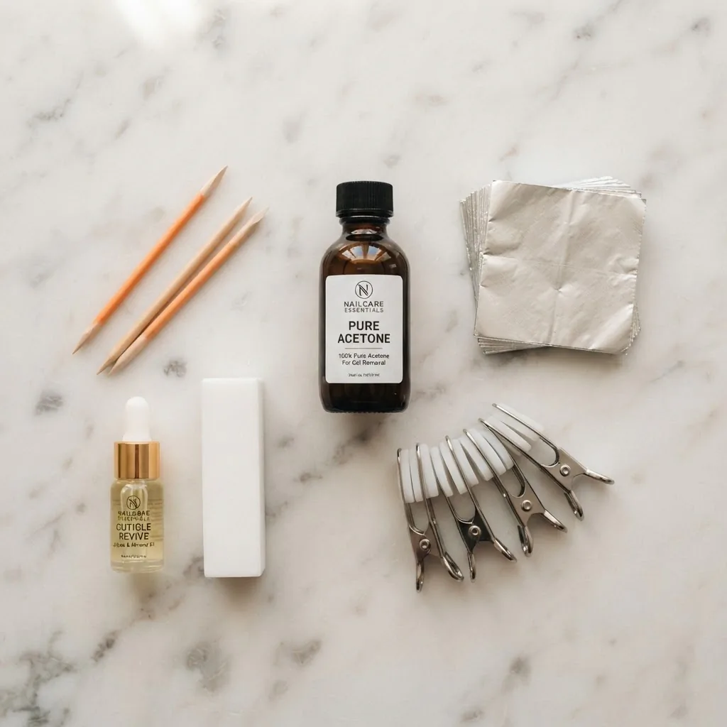 Clean flatlay of safe gel nail removal tools including acetone bottle, foil wraps, removal clips, orange-wood sticks, and cuticle oil on a white marble surface.