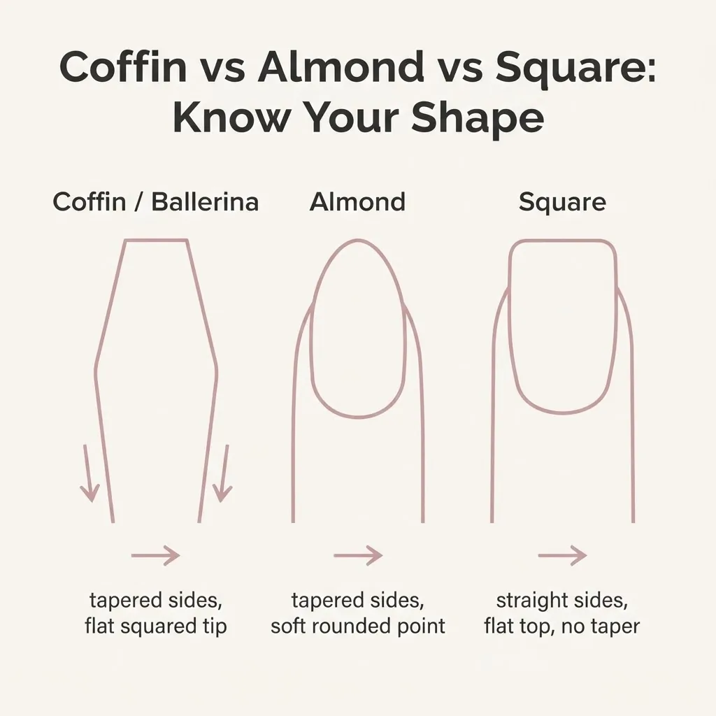 Flat vector diagram comparing coffin nail shape to almond and square shapes with labeled silhouettes and filing direction arrows.