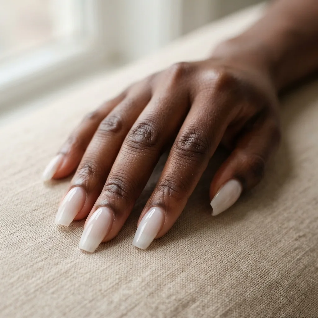 Macro close-up of milky white sheer coffin nails on a deep brown skin tone hand resting on a soft beige linen surface.