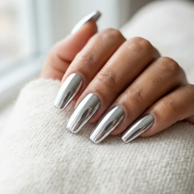 Close-up of long coffin nails with a glazed chrome finish on a warm medium skin tone hand against a soft white background.
