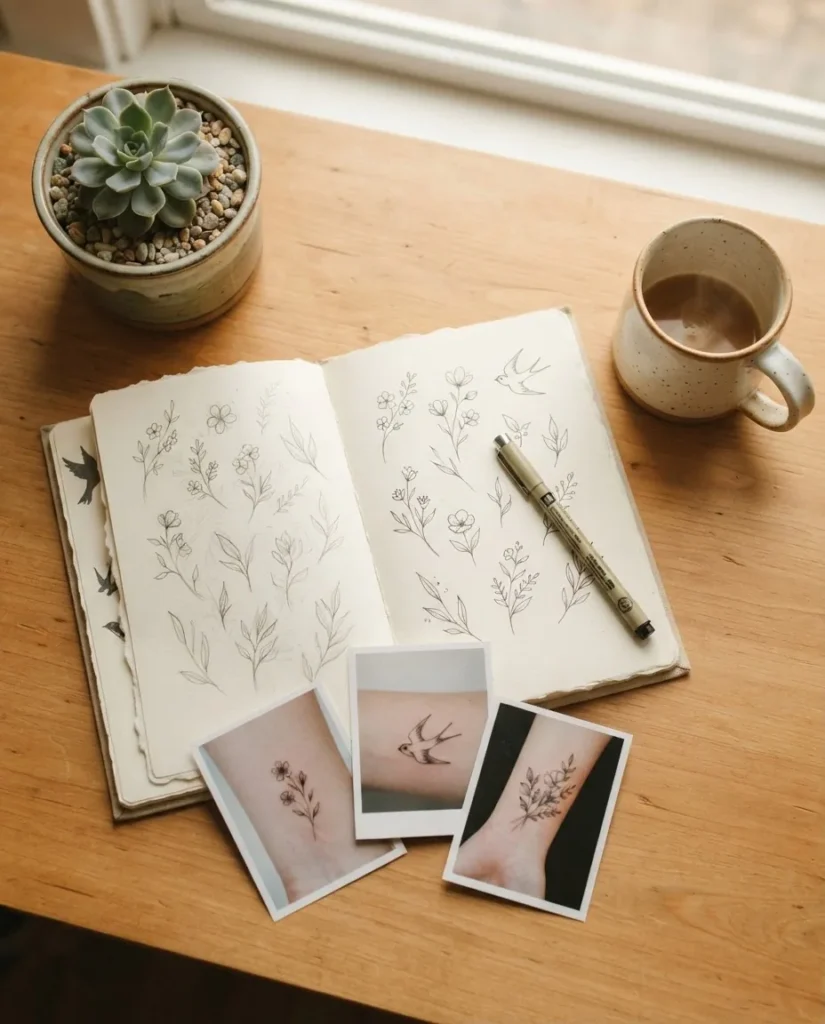 A flat lay of a tattoo planning consultation setup with an open sketchbook, printed design reference photos, and a pen on a light wooden surface.