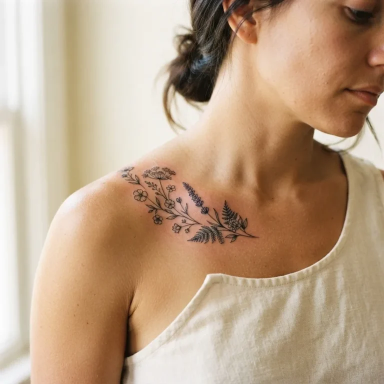 A healed fine-line floral collarbone tattoo with delicate botanical linework following the natural curve of a woman's clavicle in soft natural light.