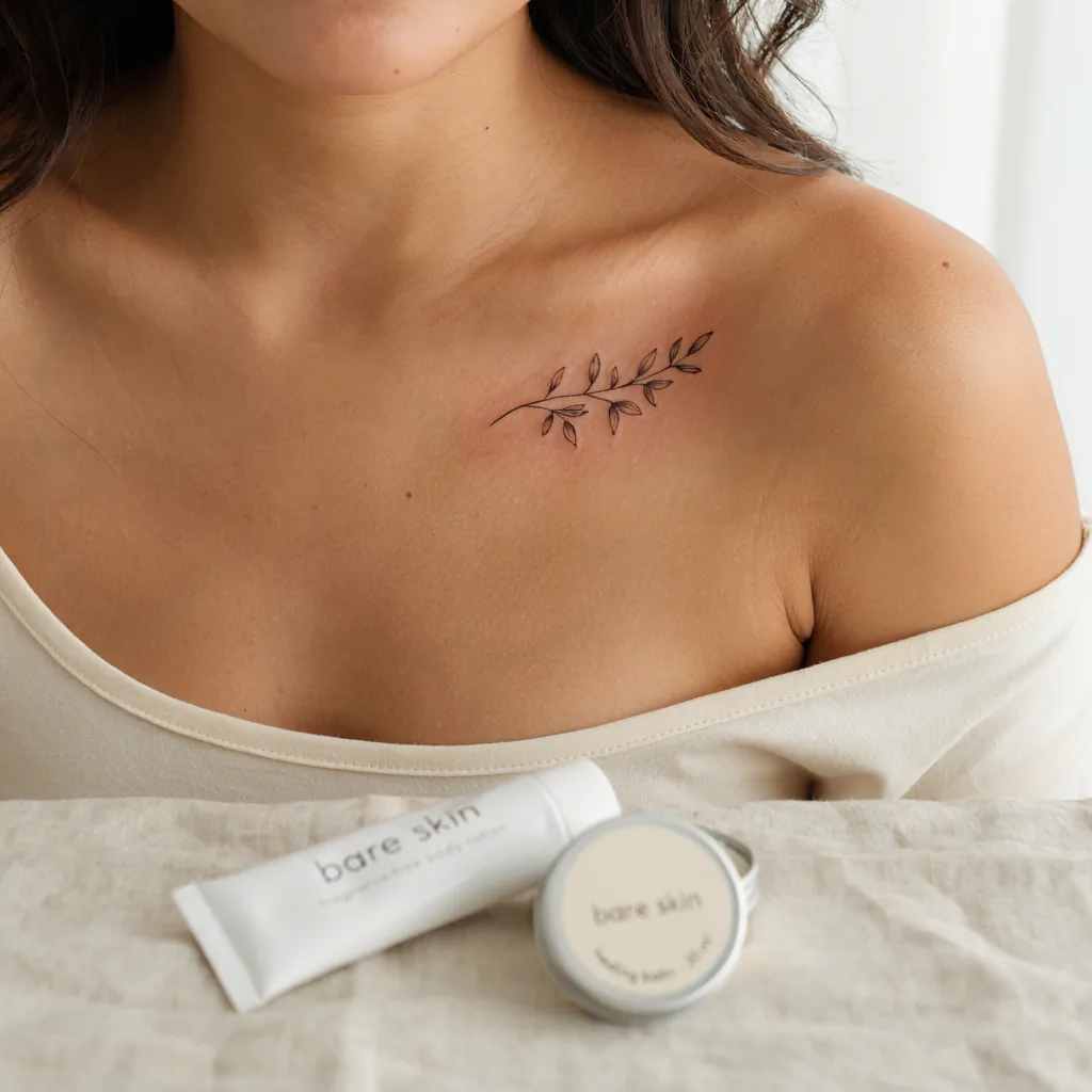 A close-up of a healed collarbone tattoo on a woman's chest beside a bottle of fragrance-free lotion and a sunscreen tube in bright natural light.