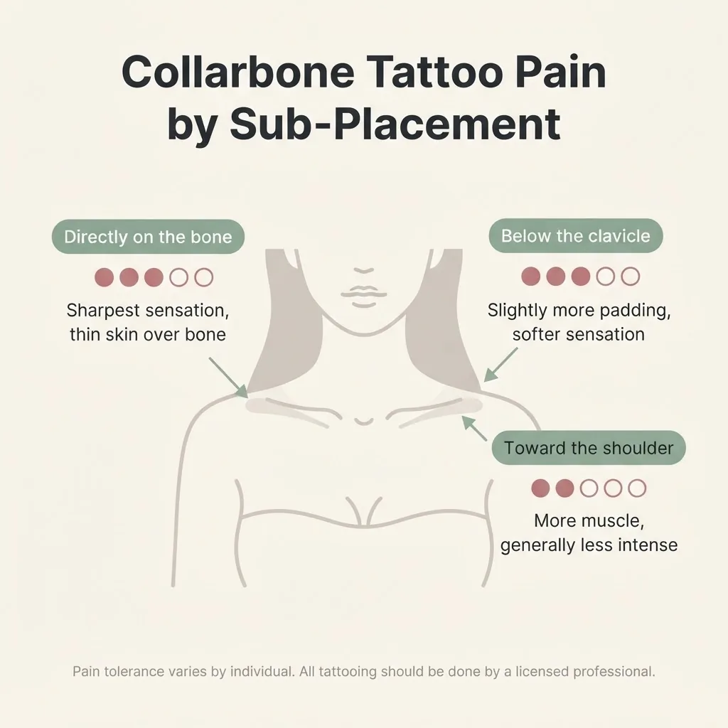 A minimalist infographic illustrating collarbone tattoo pain levels across placement sub-zones from on the bone to below the clavicle toward the shoulder.