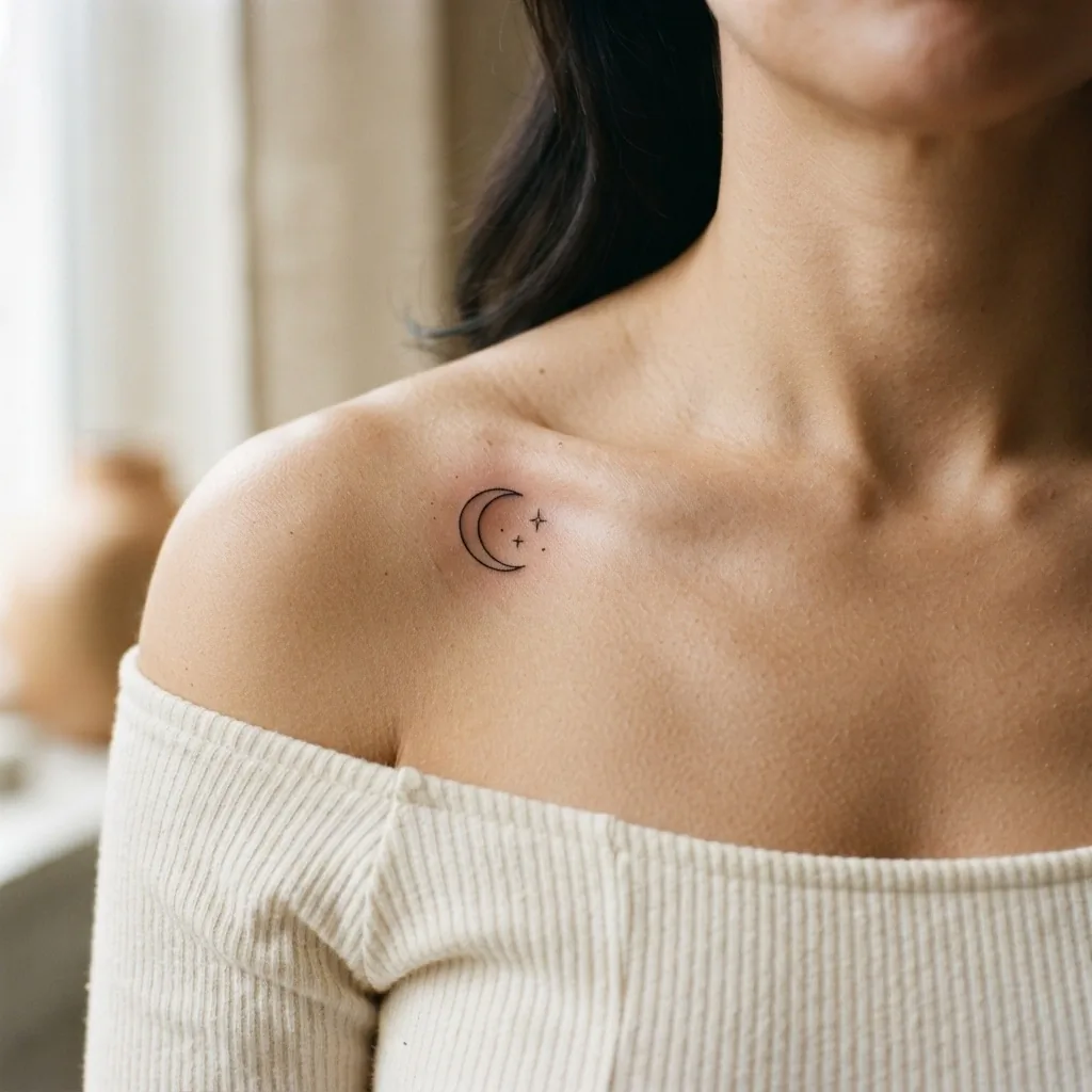 A close-up of a woman's collarbone showing a delicate fine-line tattoo following the natural arc of the clavicle bone in warm natural window light.