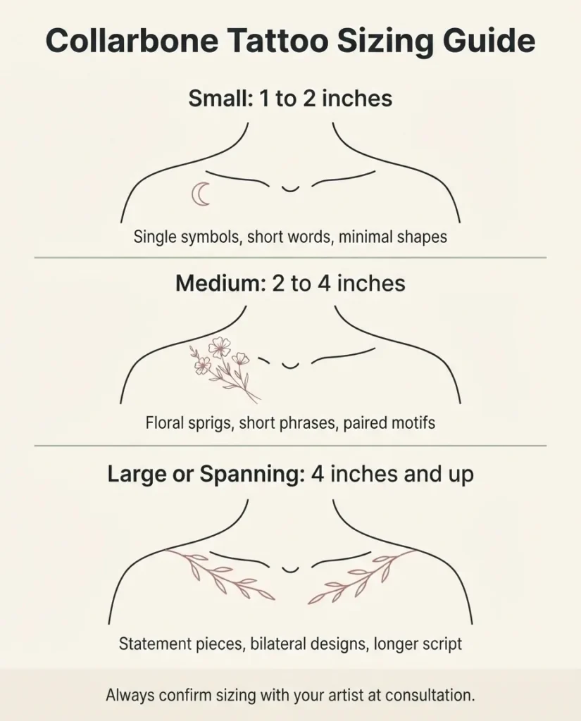 An infographic showing three collarbone tattoo size tiers from small single symbols to medium florals to larger spanning designs with proportional visual examples.