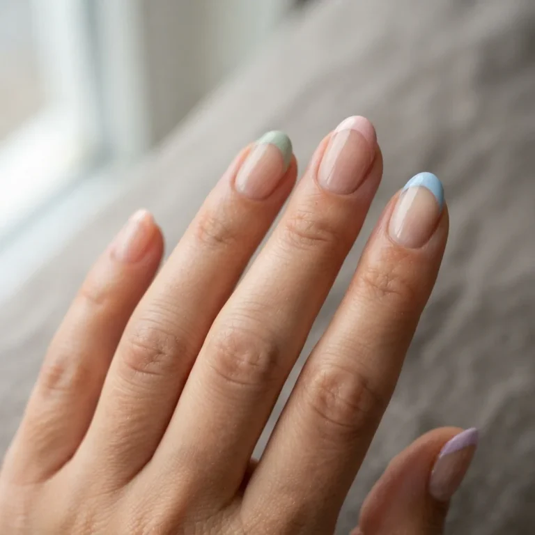 Close-up of five nails with colored french tips in soft pastel shades including lavender, sage green, and blush pink on a natural light-medium skin tone hand against a clean white background.
