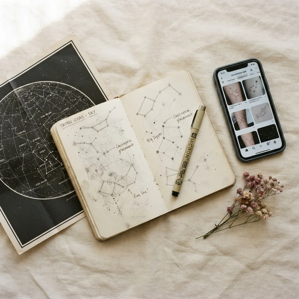 Overhead flatlay of a tattoo consultation preparation setup including printed star constellation maps, a sketchbook open to hand-drawn design notes, and a phone showing saved reference images on a warm cream surface.