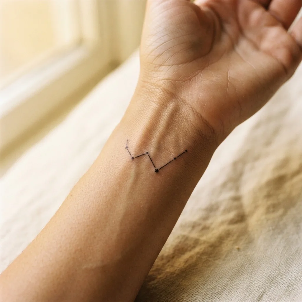 A healed fine-line constellation tattoo on the inner wrist of a woman in her twenties, showing delicate black dot-work stars connected by thin precise lines against warm natural skin tone.
