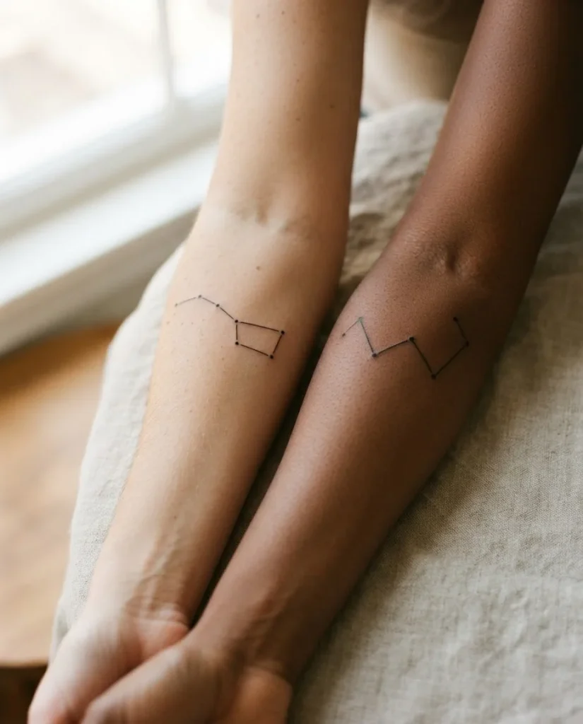 Side-by-side styled photo showing healed fine-line constellation tattoos on two different forearms with different skin tones, both demonstrating clear legible dot-work star patterns in soft natural window light.