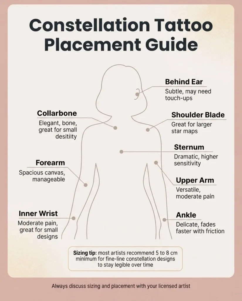 Flat vector placement and sizing guide infographic for constellation tattoos showing recommended body locations, minimum size ranges, and pain level indicators in a feminine minimalist layout.