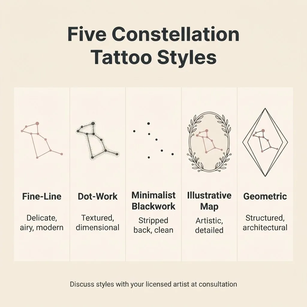 Flat vector infographic comparing five constellation tattoo styles including fine-line, dot-work, minimalist blackwork, illustrative, and geometric with labeled example icons and descriptions.