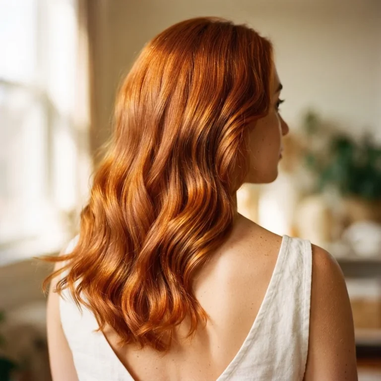 Close-up of vibrant penny copper hair color on loose waves with warm natural window light showing metallic shine and rich orange-red tone.