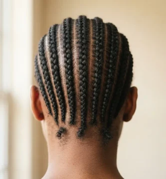 Close-up of clean straight-back cornrow hairstyles on a woman with natural 4a textured hair, shot in soft window light with crisp rows running from hairline to nape.
