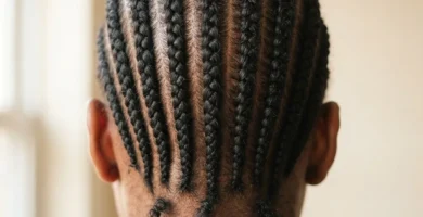 Close-up of clean straight-back cornrow hairstyles on a woman with natural 4a textured hair, shot in soft window light with crisp rows running from hairline to nape.