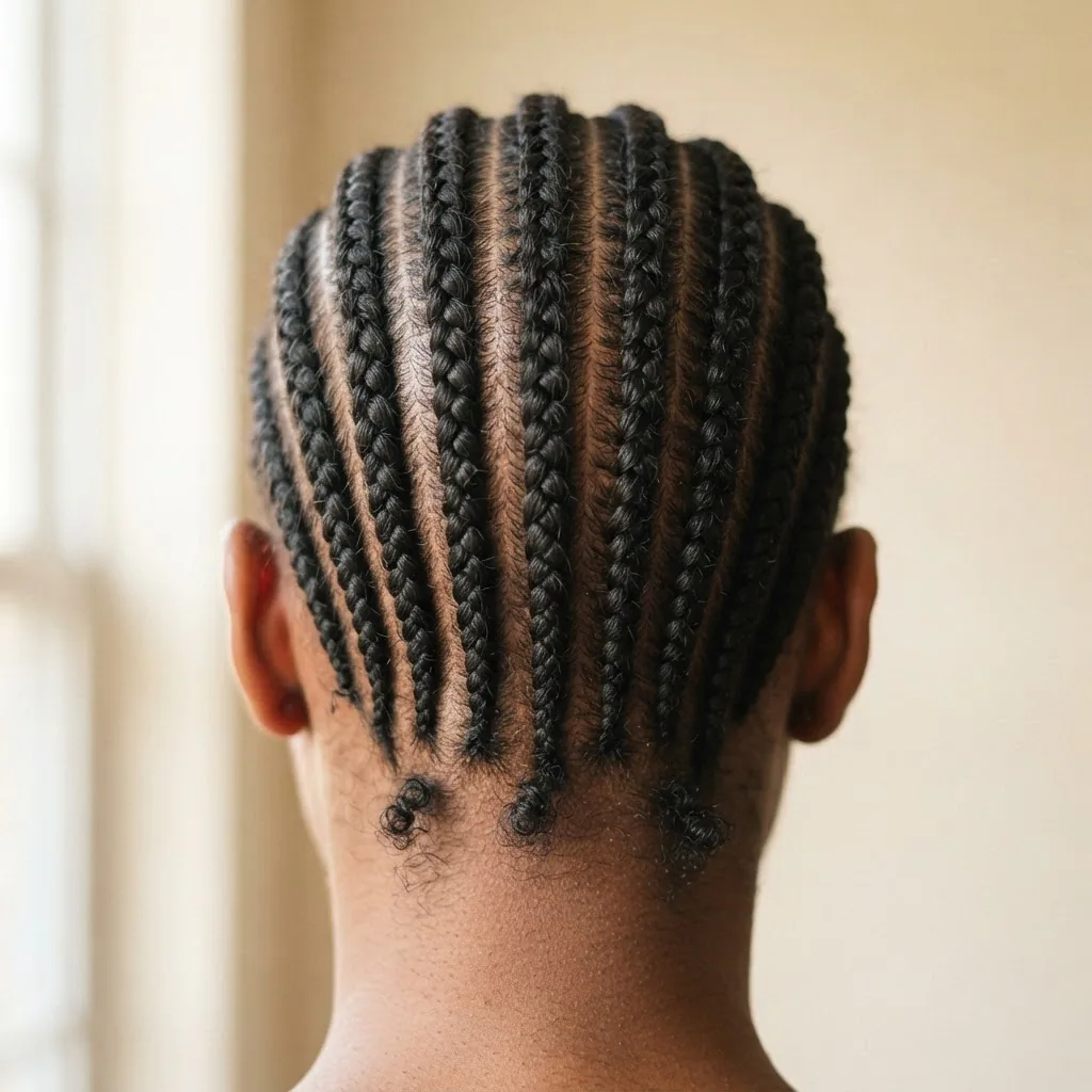 Close-up of clean straight-back cornrow hairstyles on a woman with natural 4a textured hair, shot in soft window light with crisp rows running from hairline to nape.