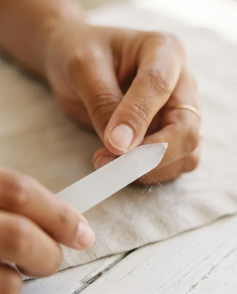 Close-up action shot of a glass nail file being used in one direction on a short natural nail on a hand with warm medium skin tone, clean filing technique in progress, soft bright home lighting.