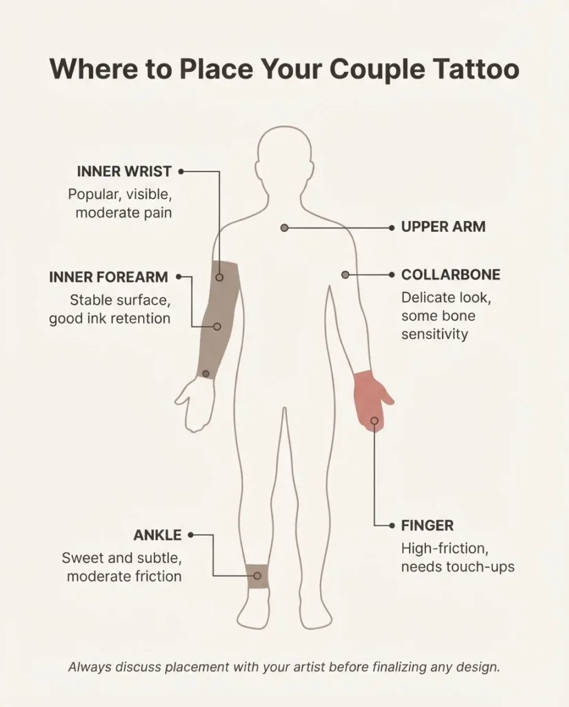 Flat minimalist infographic showing popular couple tattoo placement areas on a simplified body outline with pain level notes and longevity tips for each zone.