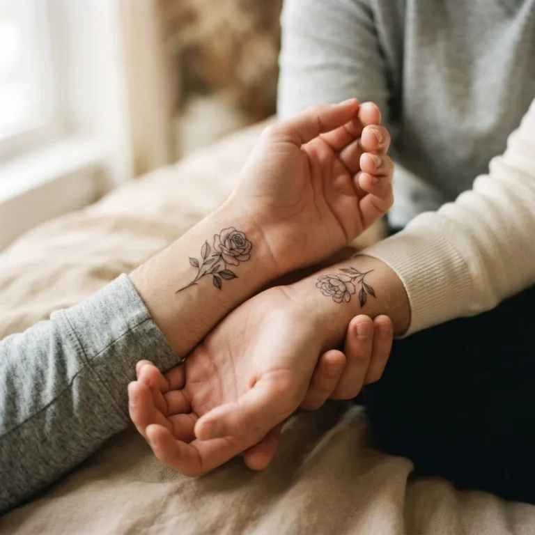 Two people holding hands showing matching fine-line botanical couple tattoos on their inner wrists, soft natural light, healed ink on adult skin.