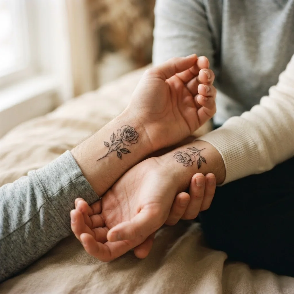 Two people holding hands showing matching fine-line botanical couple tattoos on their inner wrists, soft natural light, healed ink on adult skin.