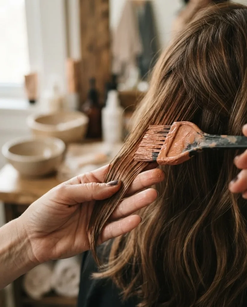 A close-up of a colorist or person applying warm copper hair dye to brunette hair sections using a tinting brush, showing the color application technique on medium brown hair.