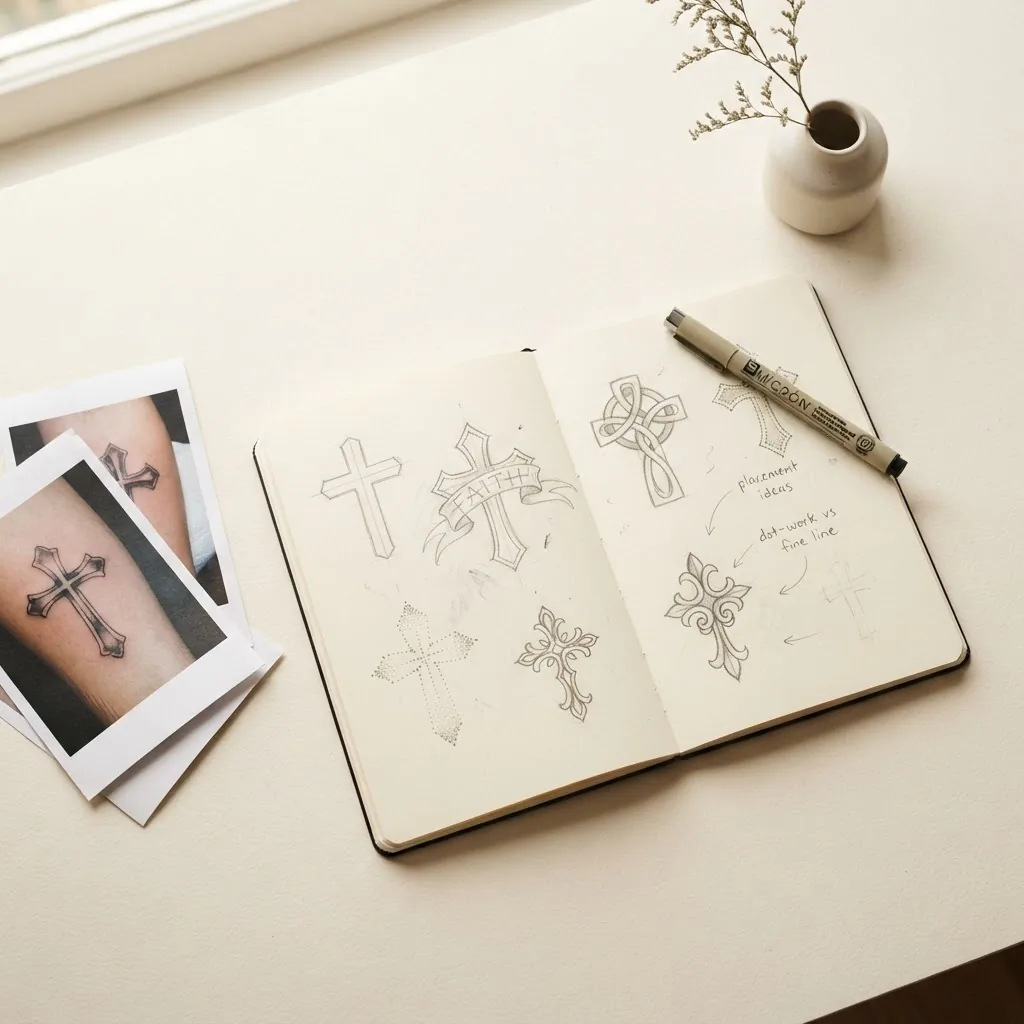 Top-down flatlay of a tattoo planning session showing printed reference images, an open sketchbook with rough design notes, and a smartphone on a warm cream linen surface.