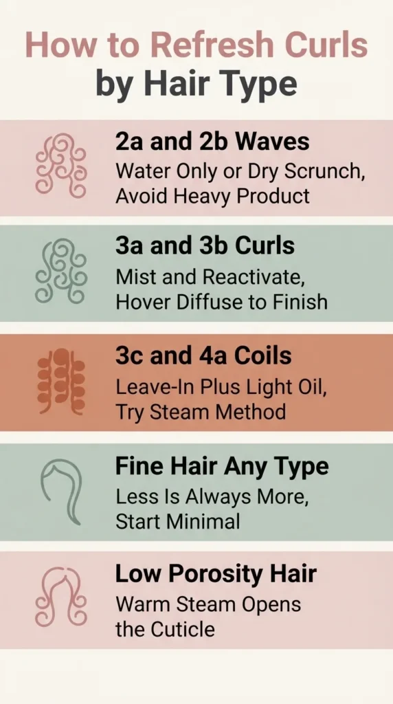 Flat vector hair type refresh guide chart showing method recommendations for wavy 2a 2b, curly 3a 3b, coily 3c 4a, fine hair, and low porosity hair with icons and concise labels.