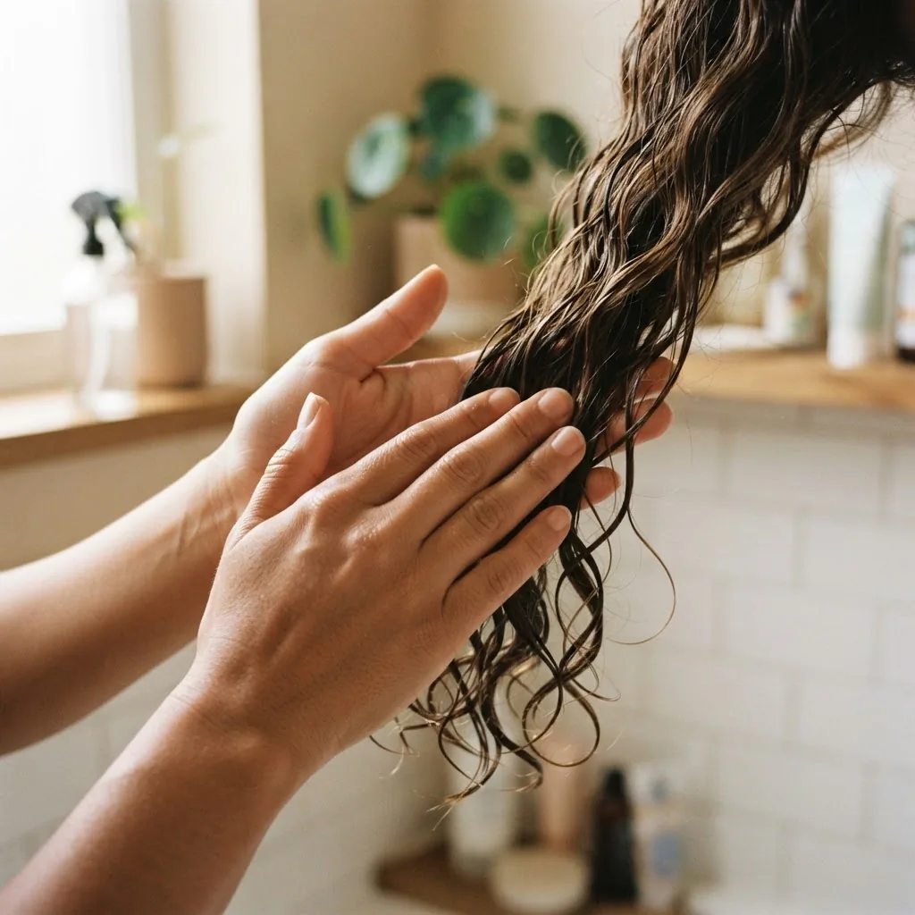 Close-up of two hands using praying hands method to smooth a curl refresher spray through damp wavy curly hair in sections near a bathroom mirror.
